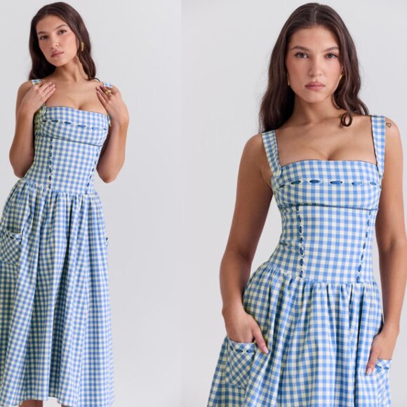 HOUSE OF CB 'Vivien' Regatta Blue Gingham Midi Sundress NWOT - Picture 3 of 10